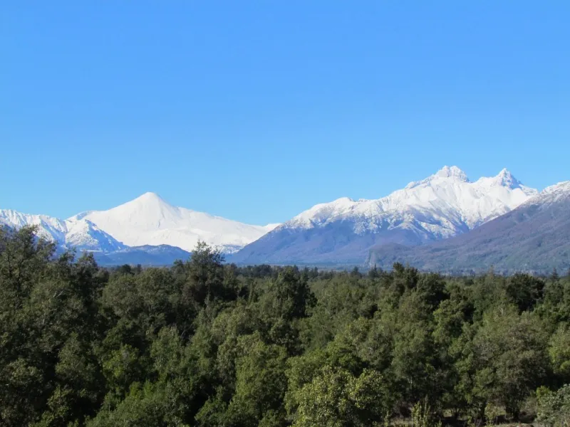 Volcán Antuco y glaciares de la Sierra Velluda vistos desde el Parque Nacional Laguna del Laja