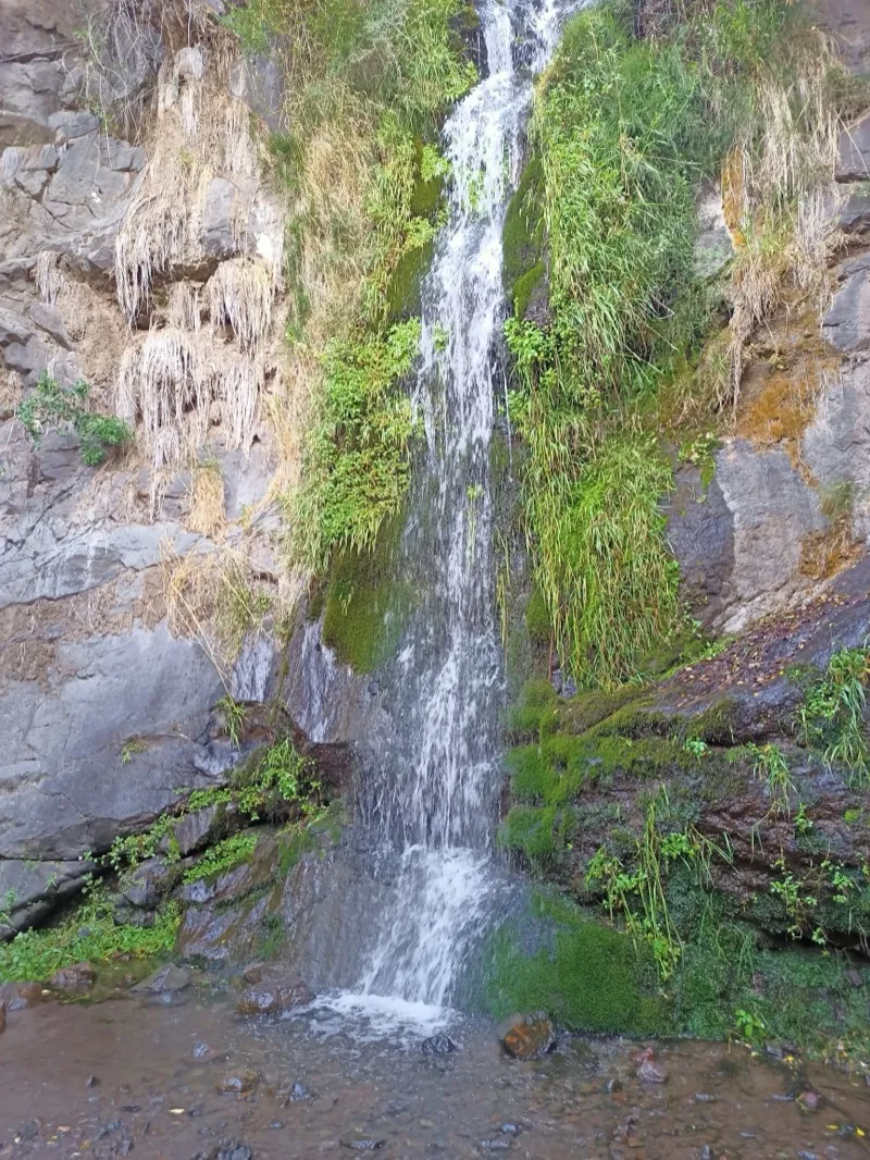 Cascada en la Reserva Nacional Río de los Cipreses cayendo entre el bosque esclerófilo andino, comuna de Machalí, O'Higgins